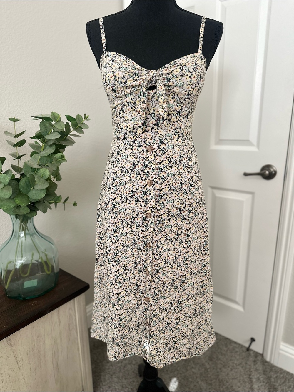 AUW Midi summer Dress with Pink, Green, and yellow floral print